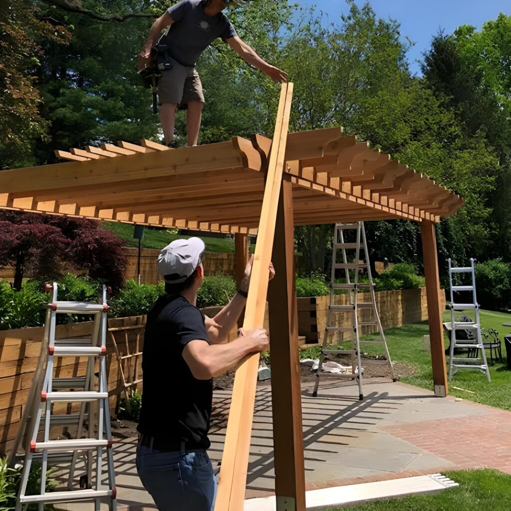 an image of two men constructing a pergola