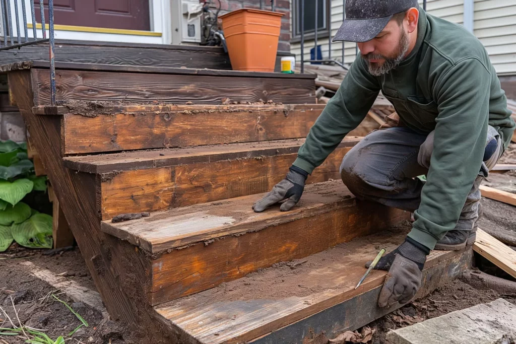 Image of a carpenter constructing a staircase with timber | Cost Of Timber Deck Installation | Sydney Decking Solutions