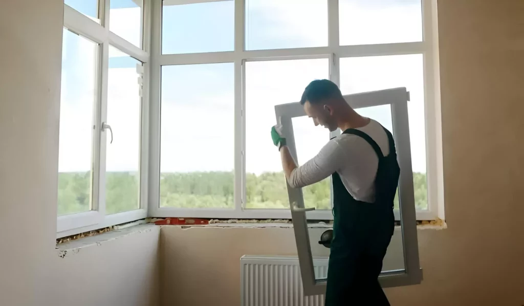 Image of a carpenter carrying a white window frame