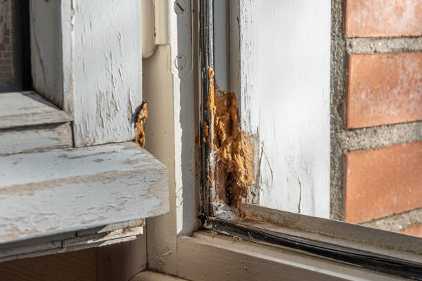 Wood-decay fungus destroys wooden frame of window