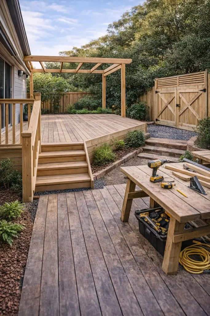 Backyard carpentry workspace with custom deck