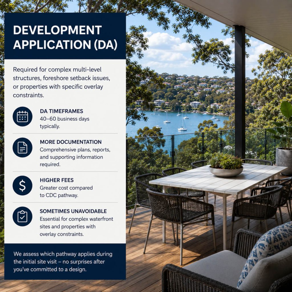Deck builders Northbridge planning complex waterfront deck projects requiring DA approval for sloping sites, foreshore constraints, and engineered structures.