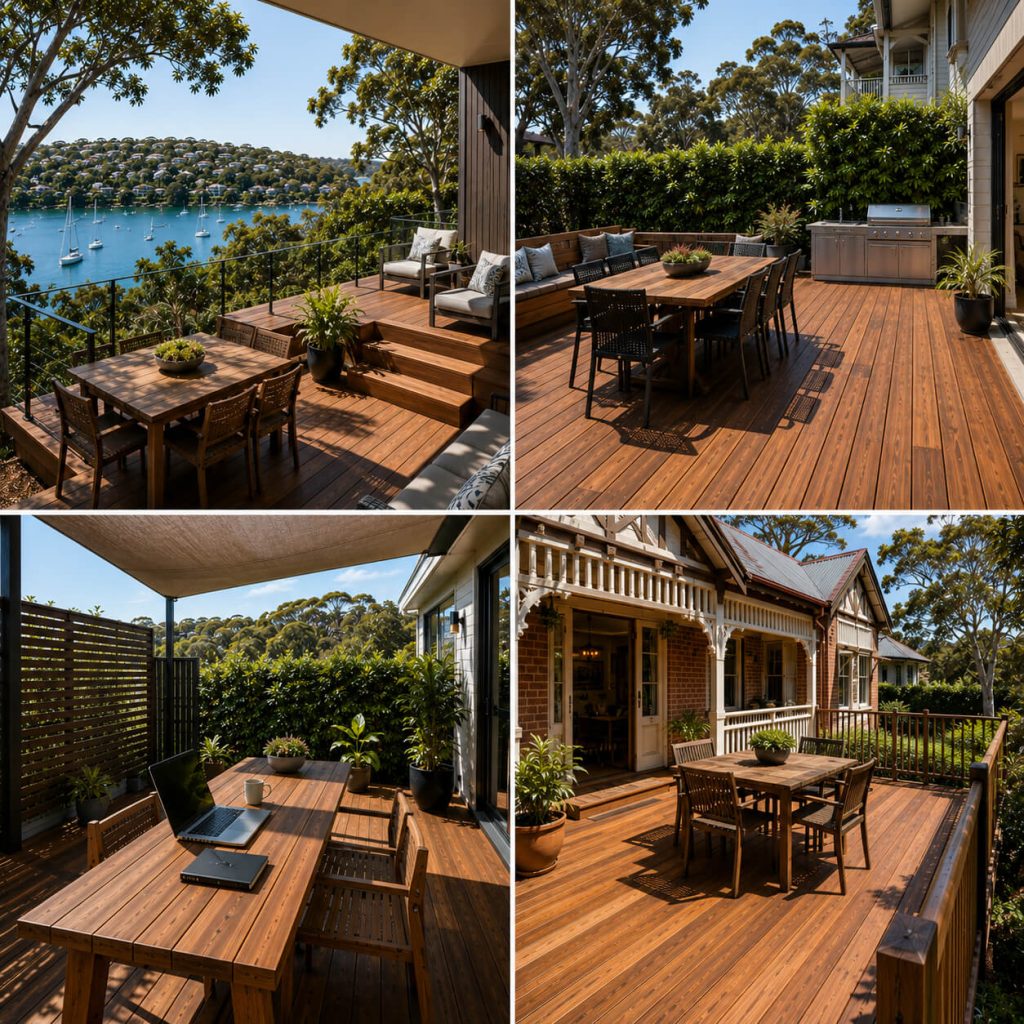 Deck builders Northbridge showcasing waterfront decks, family entertainment decks, work-from-home outdoor spaces, and Federation-style hardwood decking.