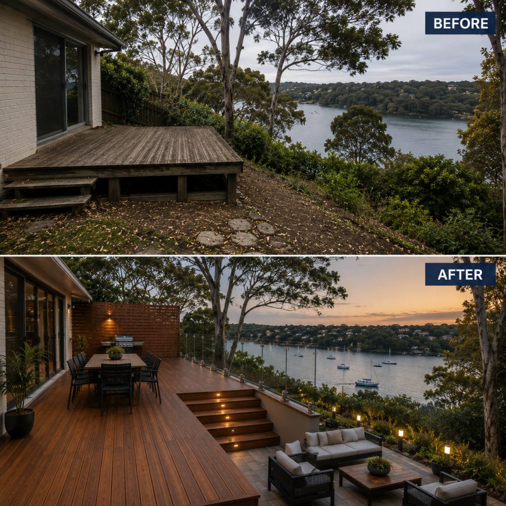 Deck builders Northbridge transforming an old rotting timber platform into a two-level Spotted Gum deck with glass balustrades, privacy screening, and bay views.