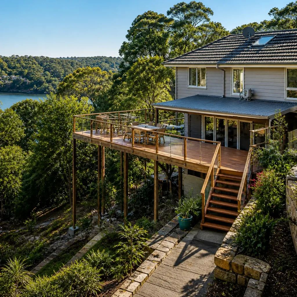 deck builders chatswood creating a modern covered outdoor entertaining deck with built-in seating, barbecue area, and city-view apartment surroundings