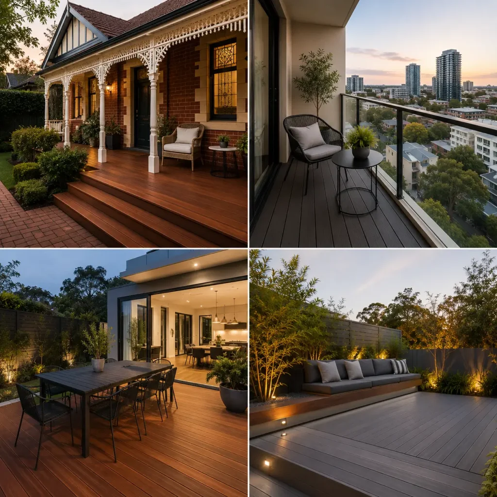 Composite and timber decks in Artarmon showcasing heritage homes, apartment balconies, and modern courtyard designs