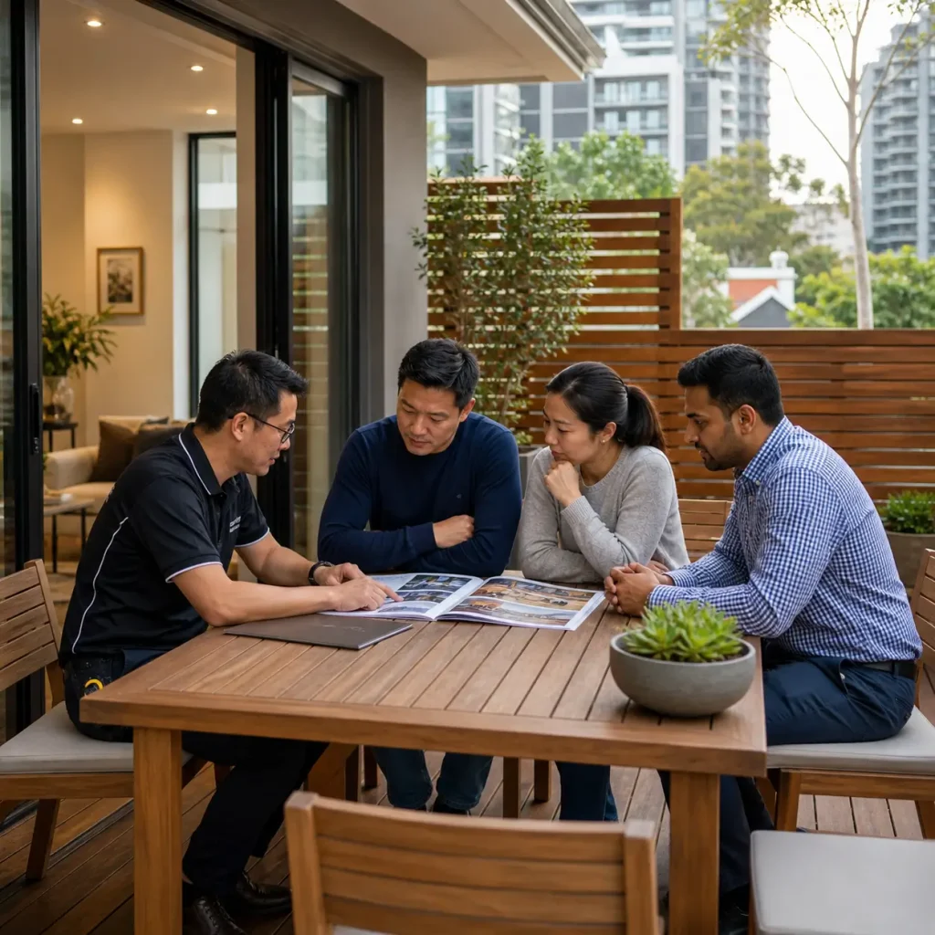 Deck Builders Artarmon consulting with multicultural professional homeowners on a modern low-maintenance timber deck in an apartment-style outdoor terrace