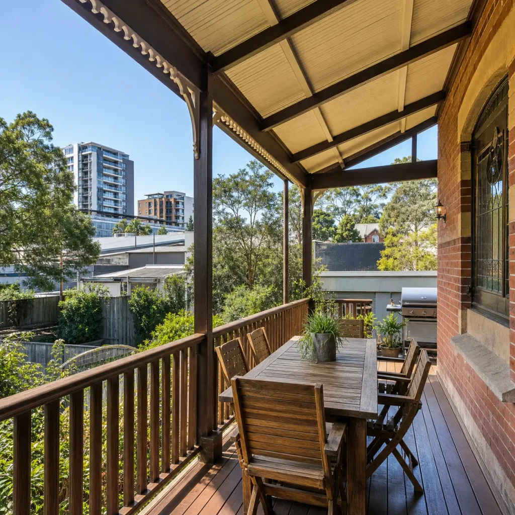 Deck Builders Artarmon crafting a traditional timber deck on a heritage-style home with modern apartment buildings and light industrial surroundings in the background