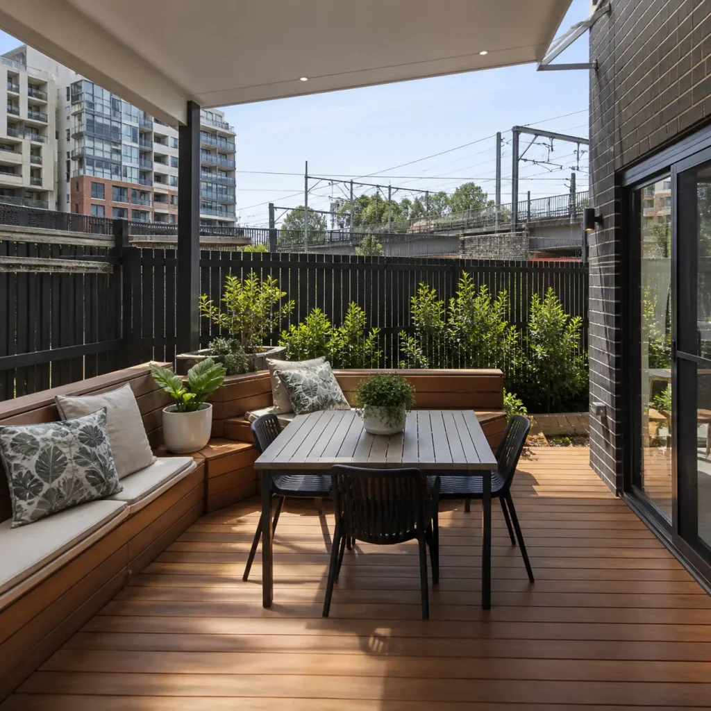 Deck Builders Artarmon designing a compact low-maintenance timber deck near Artarmon station with modern apartment surroundings and built-in seating for busy commuters
