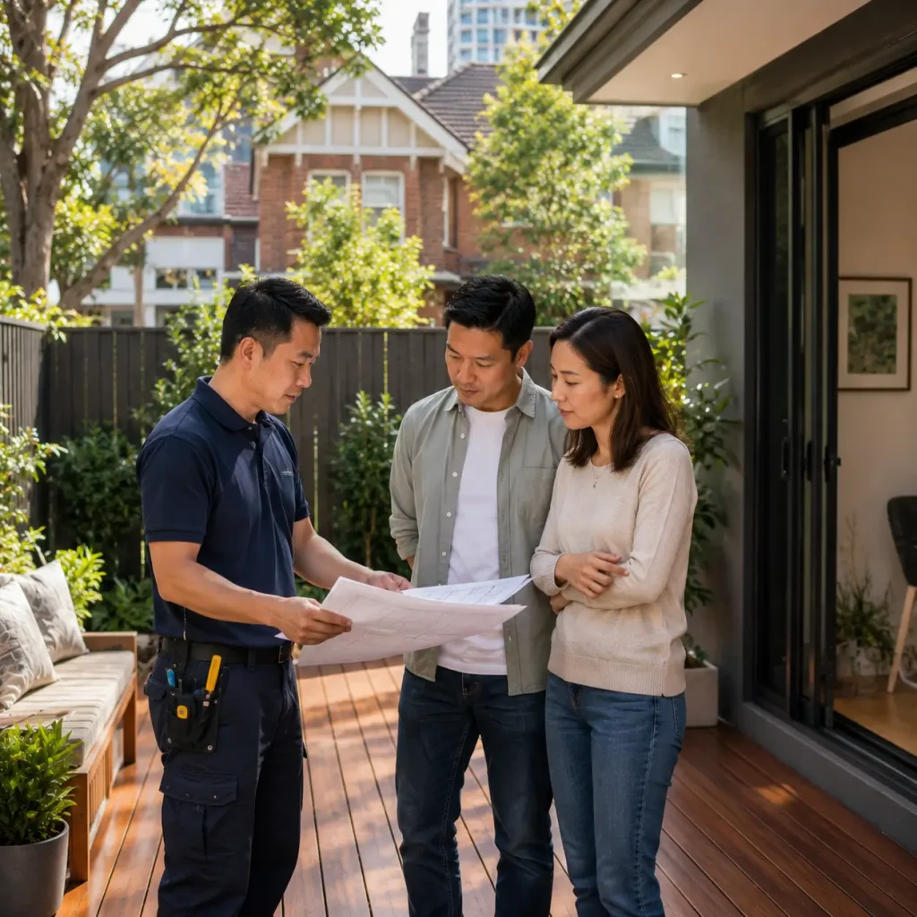 Deck Builders Artarmon discussing deck plans and council approval requirements with homeowners on a modern timber backyard deck in a leafy residential setting