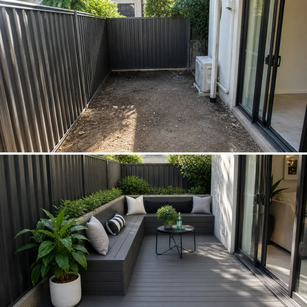 Deck Builders Artarmon transforming a narrow townhouse courtyard from bare ground into a modern low-maintenance composite deck with built-in seating for busy commuters