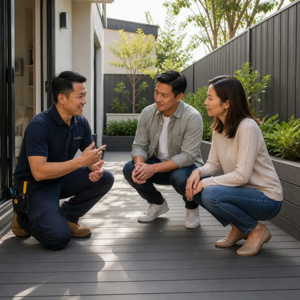 Deck Builders Artarmon consulting with homeowners on a modern composite courtyard deck designed for low-maintenance living and minimal disruption.