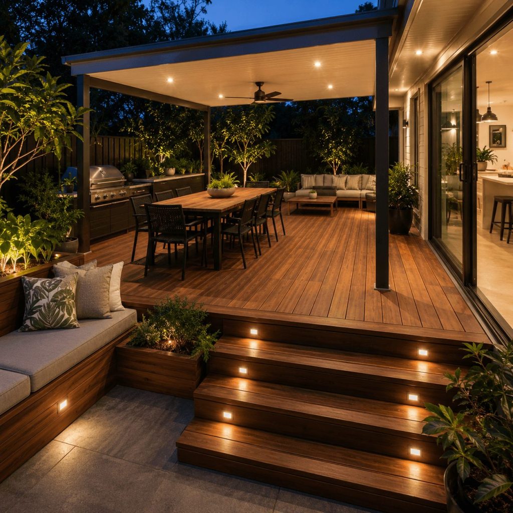 Deck builders Willoughby creating a premium outdoor entertaining deck with integrated lighting, covered pergola, outdoor kitchen, and family-focused design for modern North Shore living.