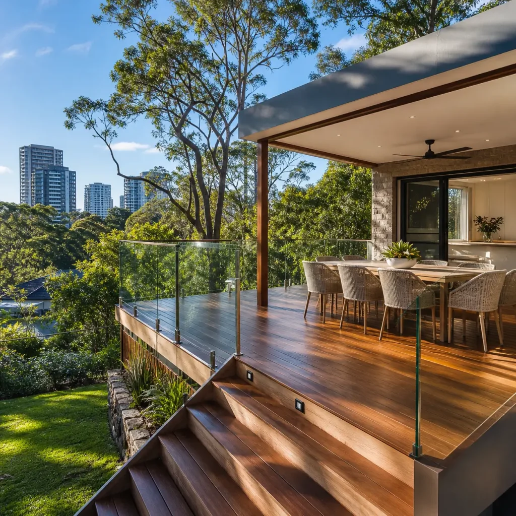 deck builders chatswood installing a premium elevated hardwood deck with glass balustrades, covered dining area, and leafy city views