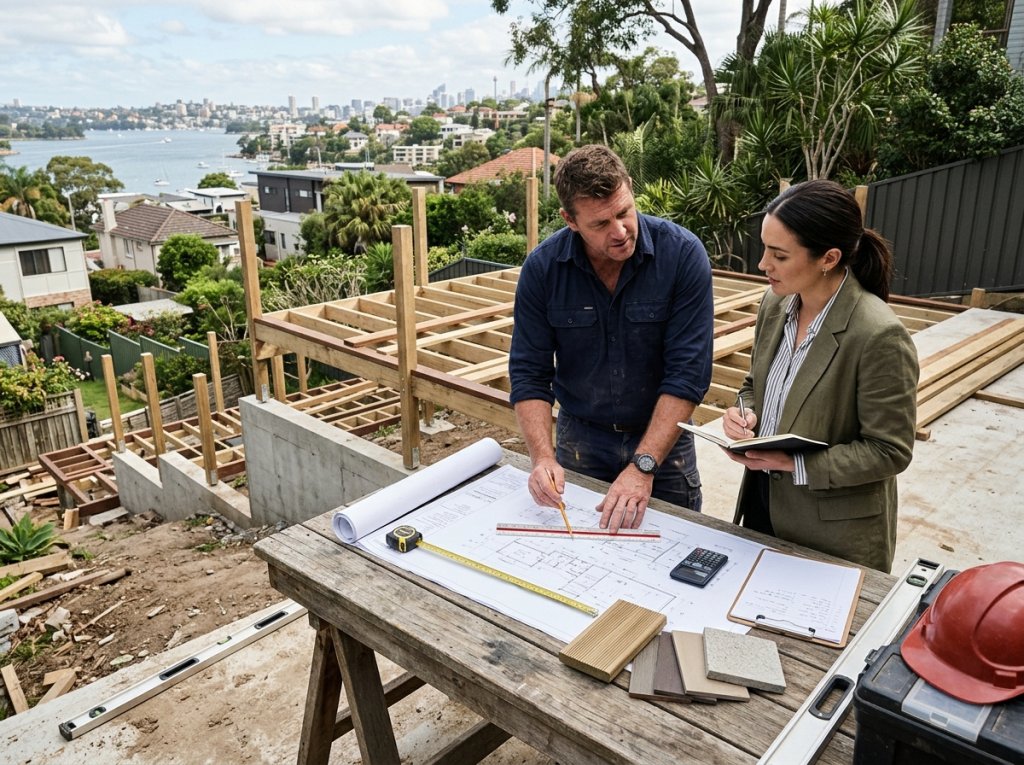 showing deck approvals and planning for a Neutral Bay project. Include a builder or designer reviewing plans, materials and measurements, with a sloping-block deck or compact courtyard visible in the background.