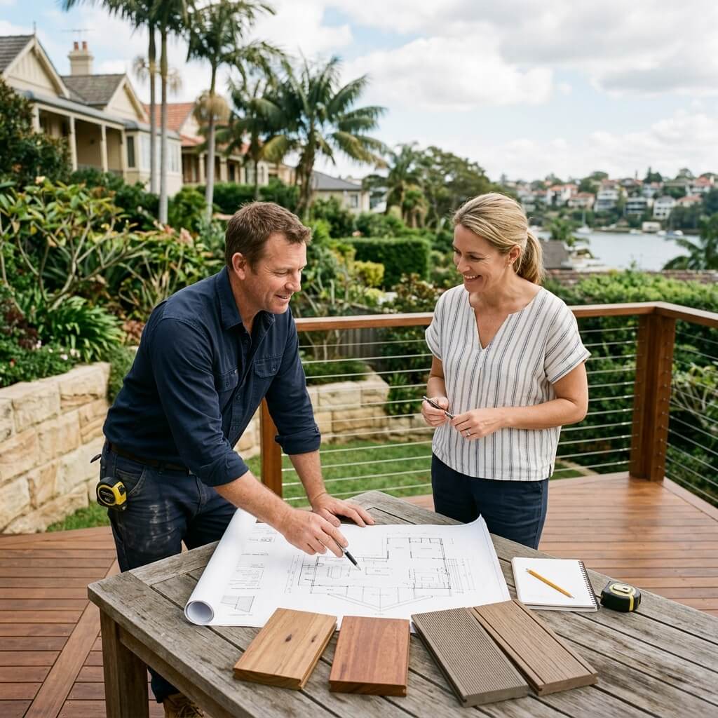 professional deck builder consulting with a homeowner in Neutral Bay. Include samples, plans and a finished deck nearby in a premium Lower North Shore residential setting.