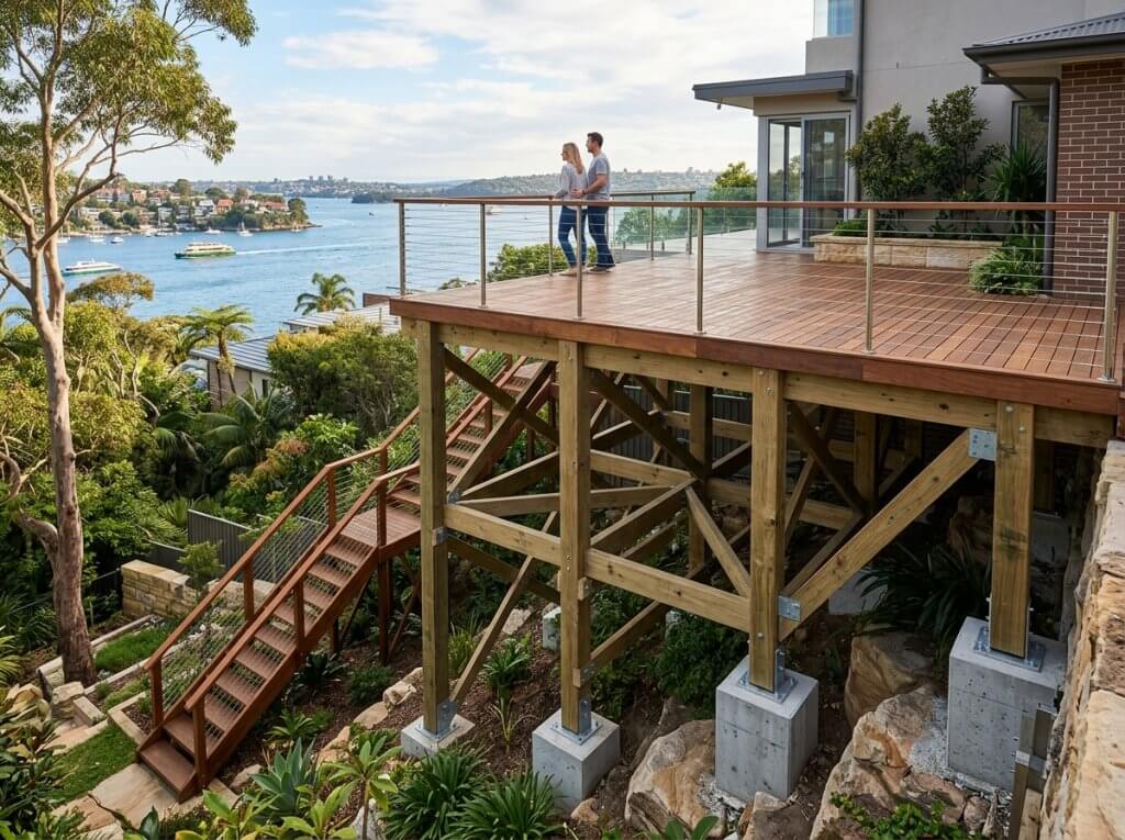 illustrating elevated deck engineering for a sloping block in Neutral Bay. Show structural posts, beams, footings or stairs as part of a well-built raised deck, with a clean residential setting and an emphasis on quality construction.