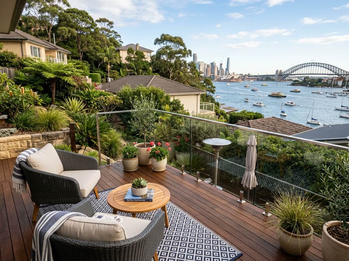 elevated outdoor living in Neutral Bay, Sydney. Feature a compact but premium deck in a sloping or terraced residential setting, with tidy furniture, quality decking boards and a practical harbour-side suburban feel.