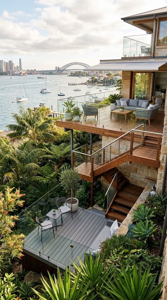 image showing popular deck styles for Neutral Bay properties. Include cues of a compact composite deck, an elevated timber deck, a view-focused deck with glass balustrades, and a stair or landing solution for a sloping site.
