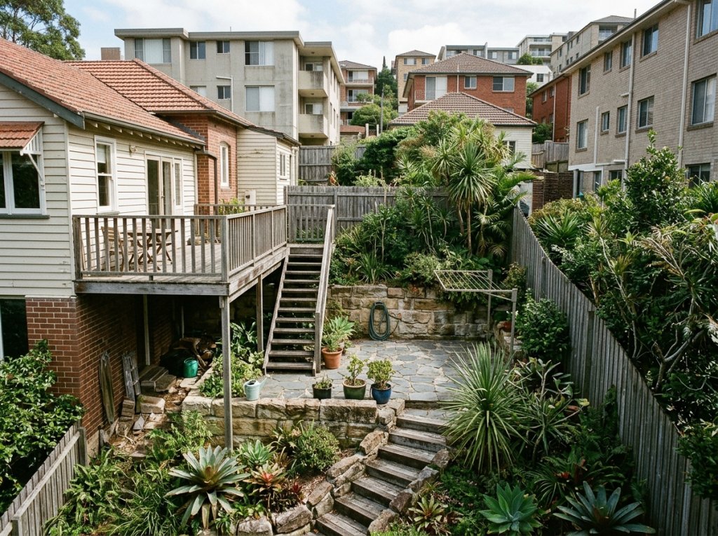 the site realities of Neutral Bay. Show a sloping backyard or split-level outdoor area with a partially elevated deck, stairs or level changes, and the character of a dense Lower North Shore suburb.