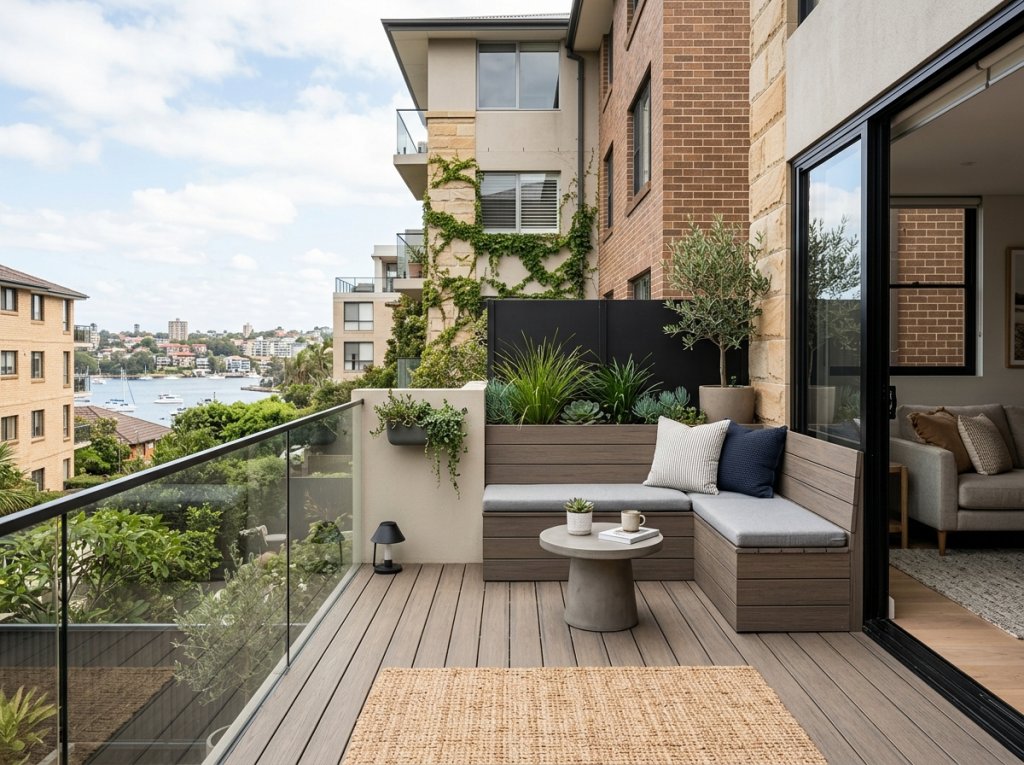 howing smart small-space outdoor design in Neutral Bay. Show a refined compact deck with modern finishes, low-maintenance materials and a layout that makes a small outdoor area feel usable and inviting