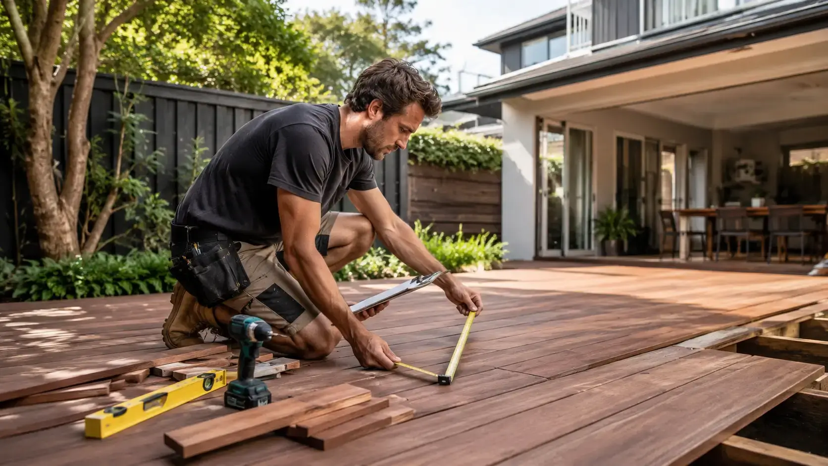 Carpenter measuring hardwood decking during a residential carpentry project in Sydney.